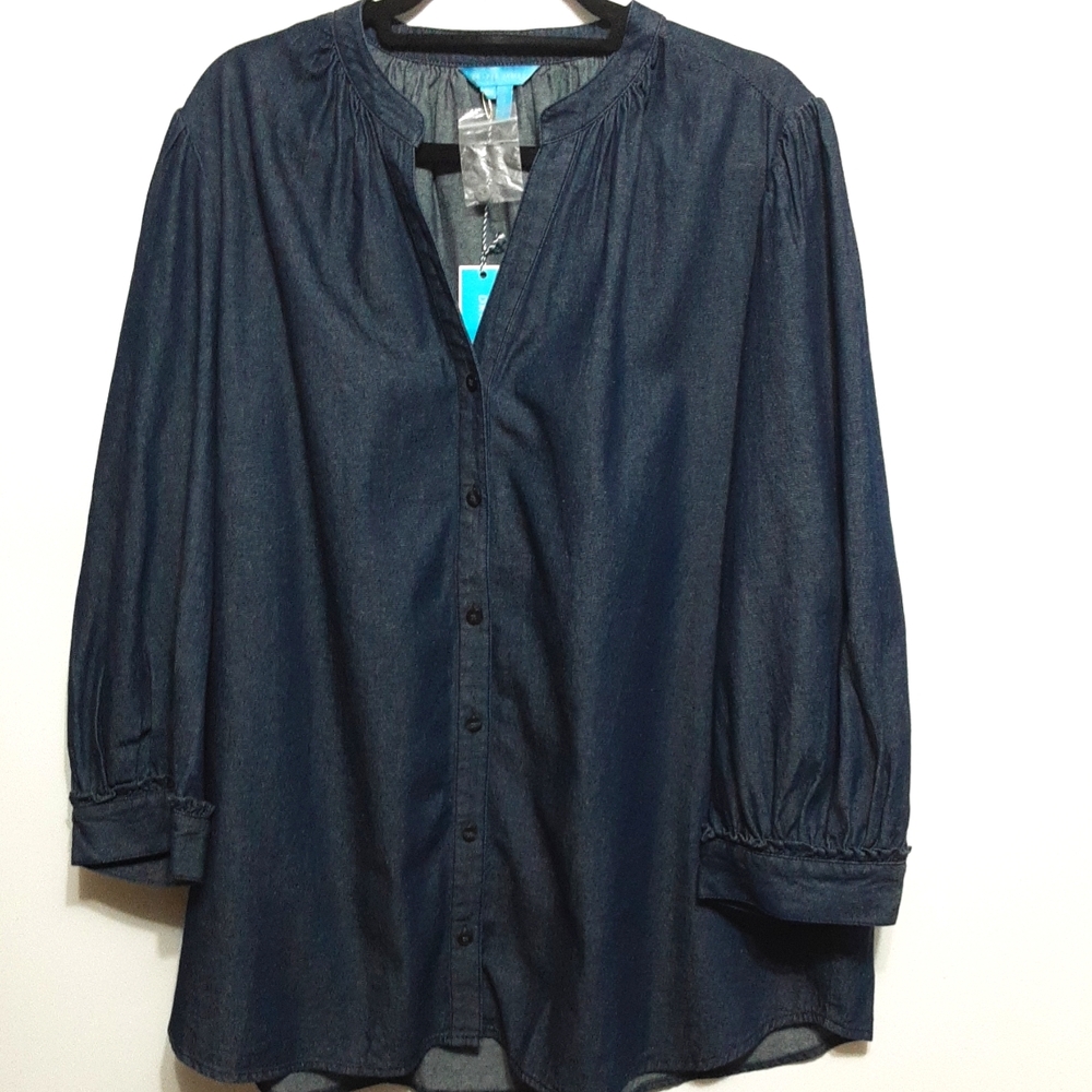 Draper James 2X Chambray Gathered‎ Button Down Shirt